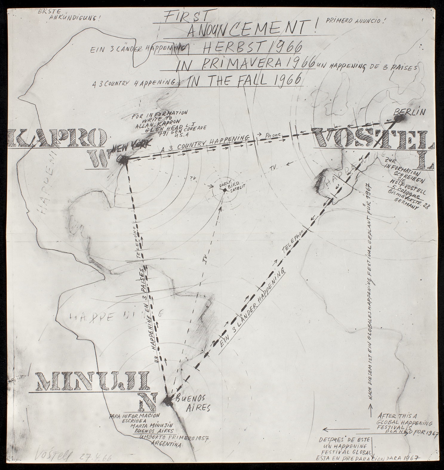 Hand-drawn poster by German artist Wolf Vostell announcing "A 3 Country Happening"