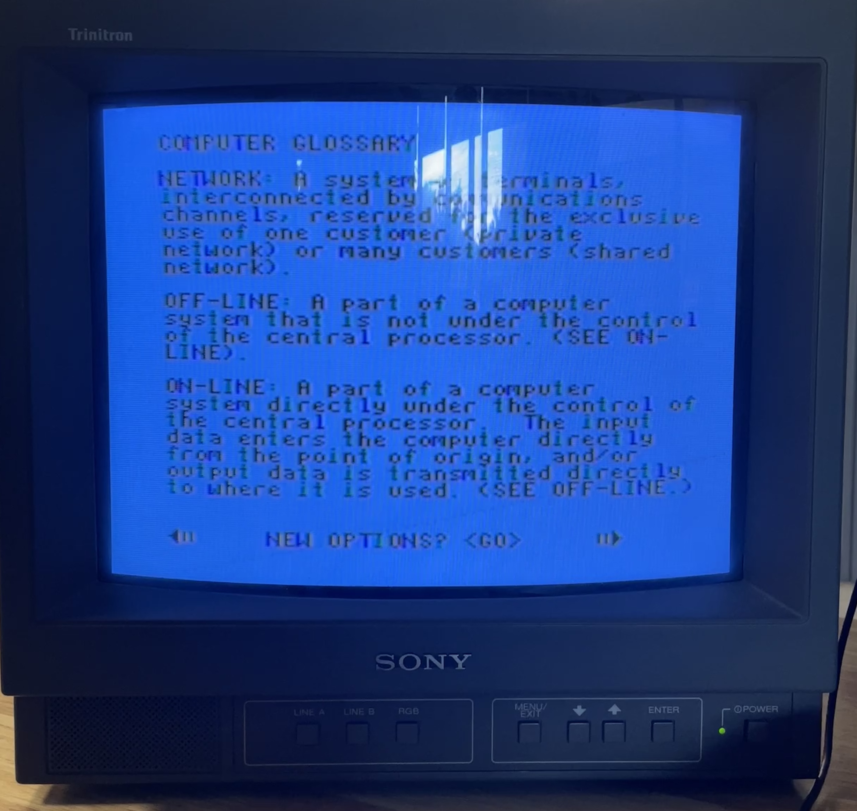 glossary definitions of network, off-line, and on-line