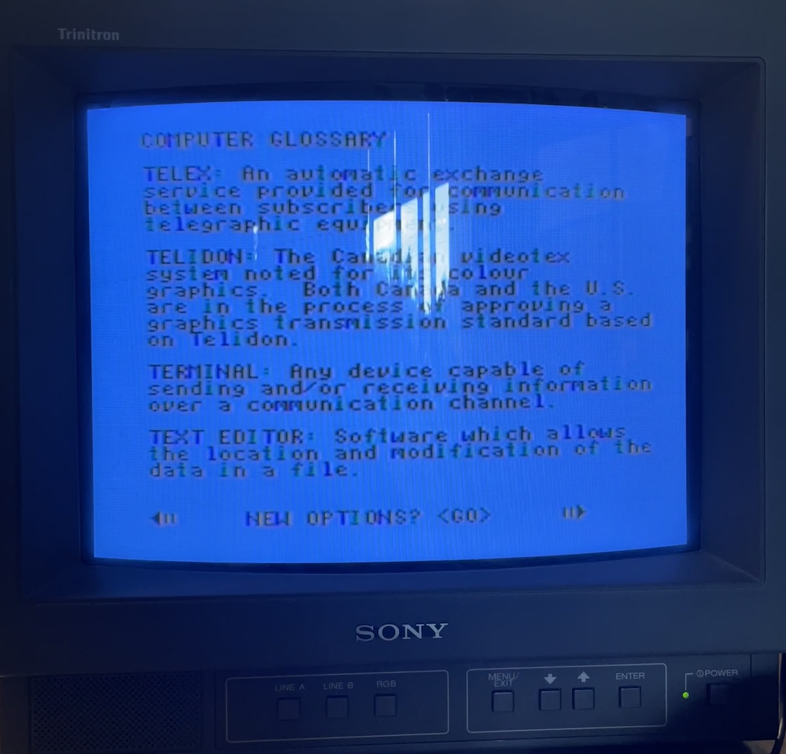 glossary definitions of telex, telidon, terminal, text editor
